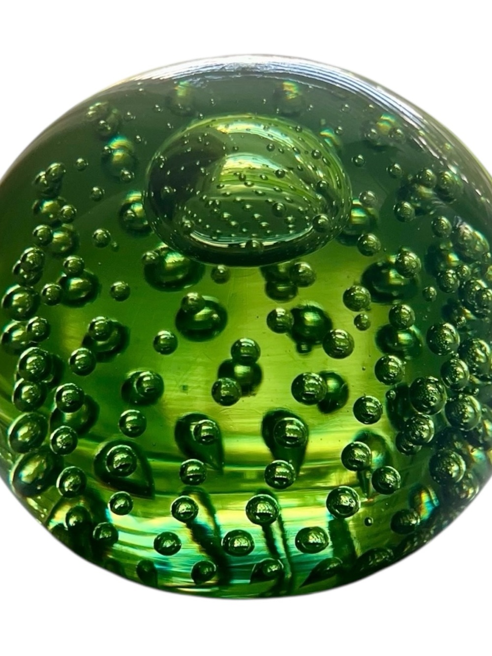 Vintage Whitefriars Controlled Bubble Glass Paperweight #9308 – Sea Green – 3”